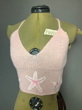 ROMWE Pink Knit Halter Crop Top with Star Appliqué
